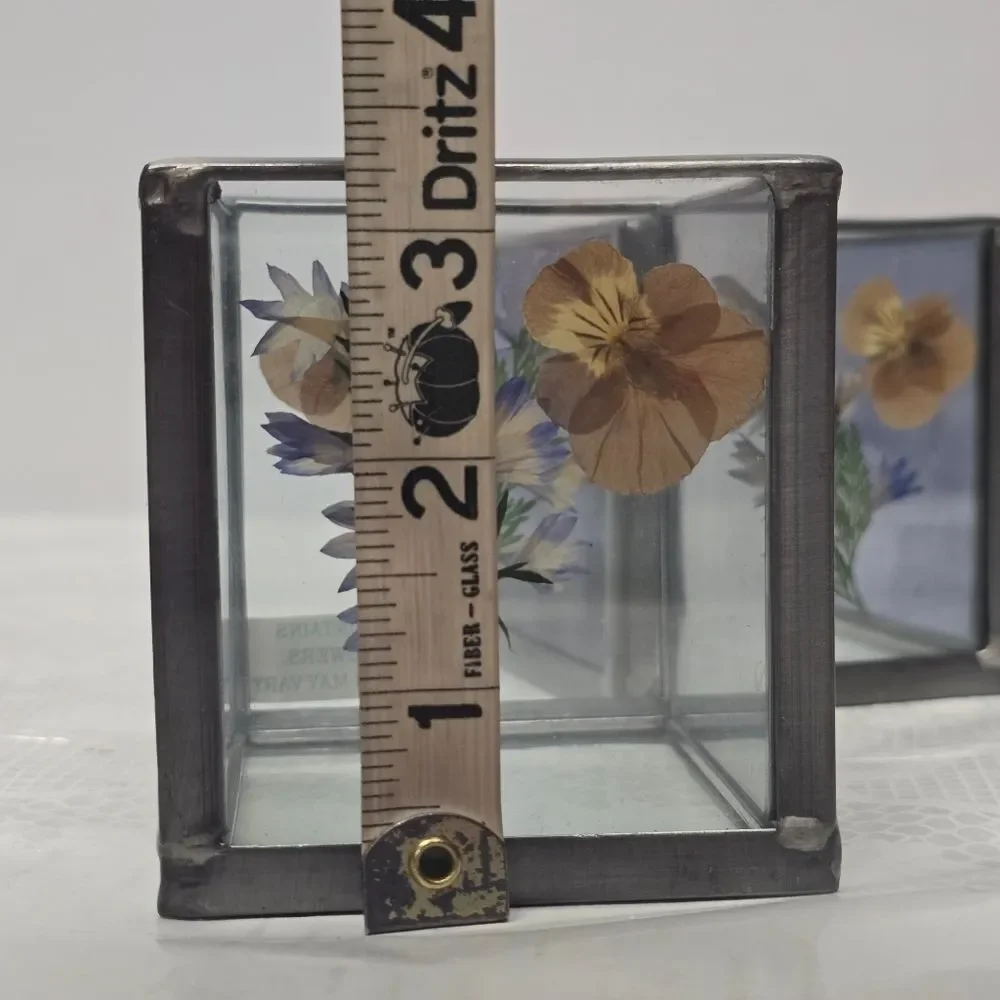 Vintage Pressed Dried Flower Stained Glass Tealight Votive Candle Holders Set